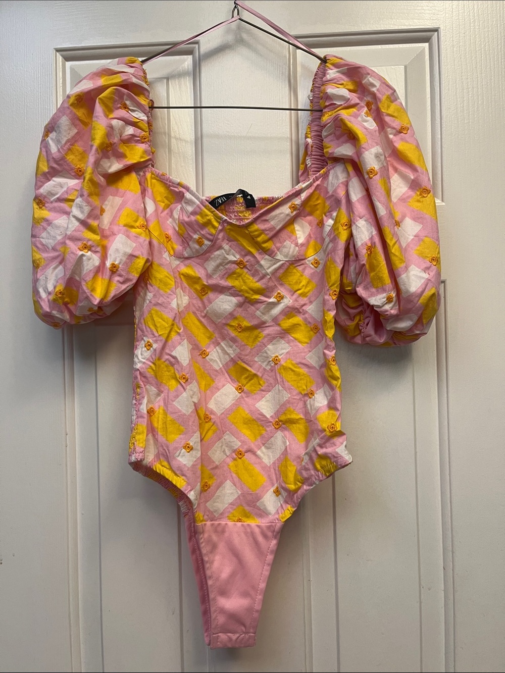 Zara Pink and Yellow Puff-Sleeve Bodysuit